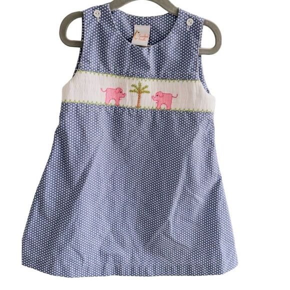 Smocked Giraffe Girls Blue Polka Dot Dress w/ Pink Elephant Embroidery Size 2 - Picture 1 of 11